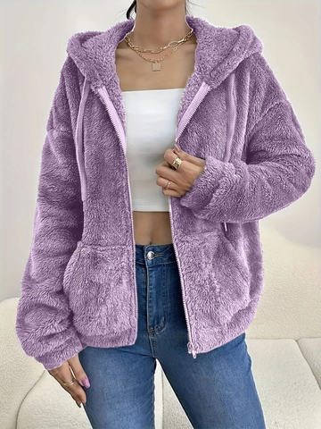 Damen Casual Plüsch Kapuzenjacke Langarm Einfarbig Lockere Fleece Oberbekleidung Mit Reißverschlusstaschen Für Herbst Winter