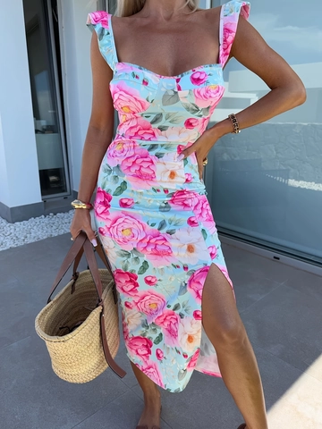 Französisches Elegantes Blumen Midi Kleid Für Damen Rüschen Riemen Quadratischer Ausschnitt Hoher Schlitz Slim Fit Sommer Urlaub Kleid