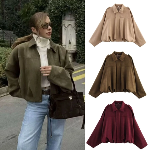 Damen Wildlederimitat Fliegerjacke Oversized Fledermausärmel Revers Reißverschluss Bomberjacke Vintage Schulterklappe Elastischer Saum