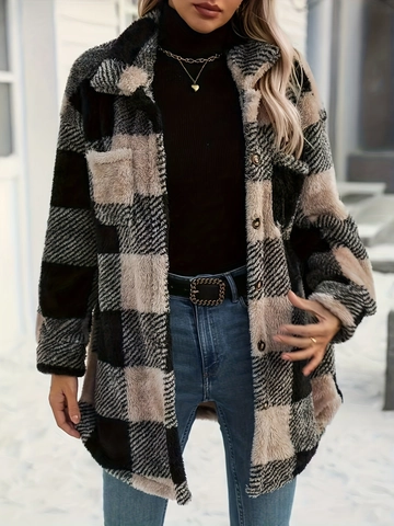 Giacca Camicia da Donna a Quadri in Peluche Manica Lunga Risvolto Monopetto Tasche Media Lunghezza Inverno Autunno Caldo