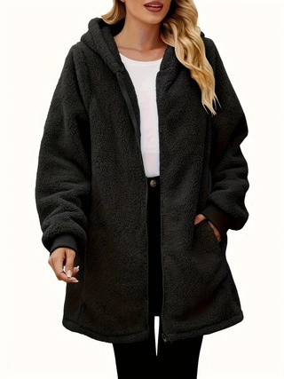 Giacca da Donna Taglie Forti in Peluche Con Cappuccio Manica Lunga Cerniera Cardigan in Pile Inverno Caldo Tinta Unita Cappotto