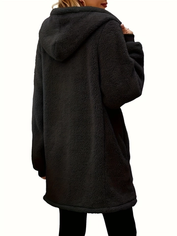 Giacca da Donna Taglie Forti in Peluche Con Cappuccio Manica Lunga Cerniera Cardigan in Pile Inverno Caldo Tinta Unita Cappotto