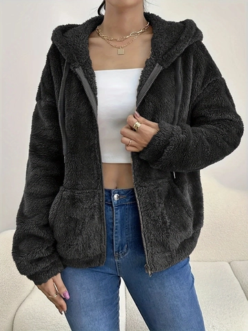 Damen Casual Plüsch Kapuzenjacke Langarm Einfarbig Lockere Fleece Oberbekleidung Mit Reißverschlusstaschen Für Herbst Winter
