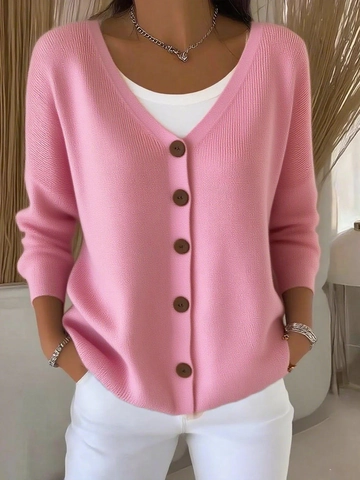 Women's Casual V-Neck Knit Cardigan Sweater Solid Color Loose Fit Long Sleeve Button Down Outwear For Autumn Winter