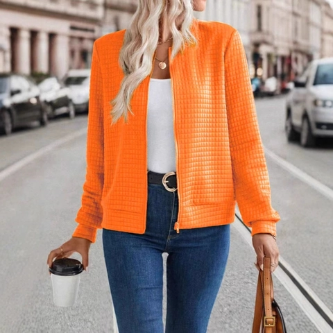 Chaqueta Casual para Mujer Naranja con Textura de Gofre y Cremallera Color Sólido Manga Larga para Otoño e Invierno