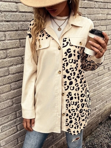 Veste-chemise Décontractée pour Femmes Patchwork Léopard Velours Côtelé Manches Longues Revers Simple Boutonnage Manteau Mi-long Top