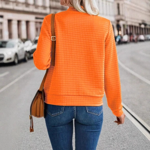 Chaqueta Casual para Mujer Naranja con Textura de Gofre y Cremallera Color Sólido Manga Larga para Otoño e Invierno