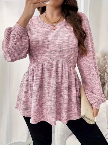 Maglietta da Donna Taglie Forti in Maglia a Nido d'Ape a Manica Lunga con Orlo a Volant Girocollo Top Casual Largo