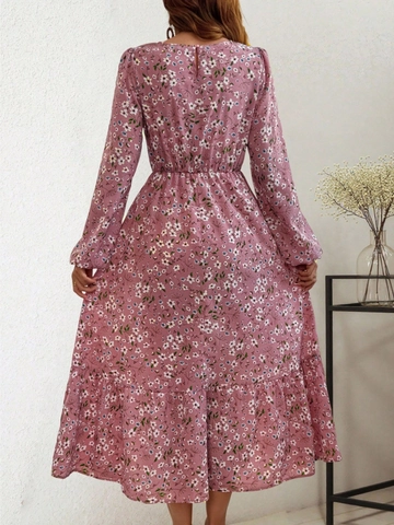 Damen Elegantes Langärmliges Maxikleid Mit Blumendruck Milchseide Rundhals Hohe Taille Laternenärmel Rüschen A-Linien Kleid