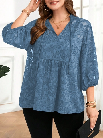 Top da Donna Taglie Forti Scollo a V Manica a Lanterna Jacquard Pizzo Elegante Blusa con Volant e Laccio Floreale Casual