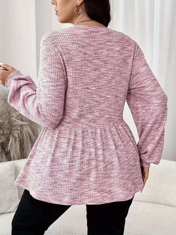 Maglietta da Donna Taglie Forti in Maglia a Nido d'Ape a Manica Lunga con Orlo a Volant Girocollo Top Casual Largo