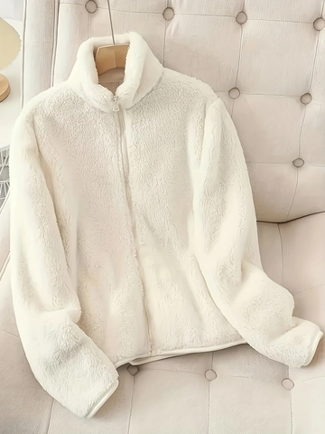 Damen Elegant Stehkragen Fleece Jacke Winter Warm Weich Reißverschluss Oberbekleidung Einfarbig Minimalistisch Teddyfleece Casual Mantel