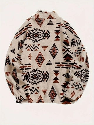 Women Vintage Ethnic Print Sherpa Fleece Jacket Stand Collar Zip Up Loose Geometric Pattern Casual Winter Sweatshirt Coat