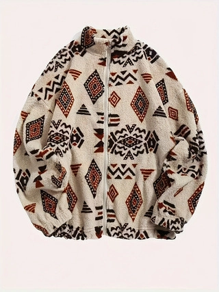 Women Vintage Ethnic Print Sherpa Fleece Jacket Stand Collar Zip Up Loose Geometric Pattern Casual Winter Sweatshirt Coat