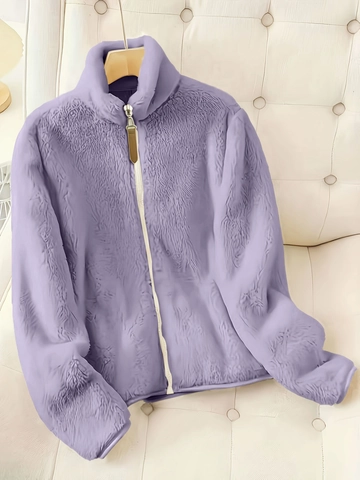 Women Plus Size Fleece Jacket Stand Collar Solid Color Zipper Outerwear Elegant Warm Long Sleeve Autumn Winter Coat