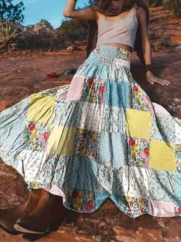 Women's Bohemian Patchwork Floral Maxi Skirt High Waisted Smocked Elastic Waist A-Line Long Swing Beach Vacation Skirt