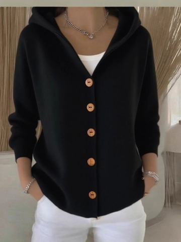 Women Casual Hooded Knit Cardigan Loose Long Sleeve Button Down Sweater Coat Solid Color Autumn Winter Outwear Jacket