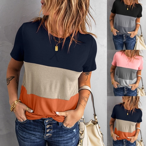 Women's Casual Color Block Short Sleeve T-Shirt Summer Crew Neck Patchwork Cotton Blend Loose Top Fashion Daily Clothing