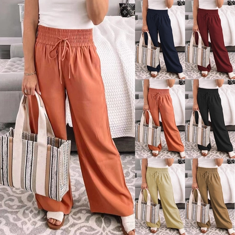 Pantaloni Donna Casual a Vita Alta Gamba Larga Arricciati Coulisse Vestibilità Comoda Tinta Unita Poliestere Dritti