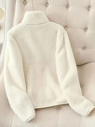Damen Elegant Stehkragen Fleece Jacke Winter Warm Weich Reißverschluss Oberbekleidung Einfarbig Minimalistisch Teddyfleece Casual Mantel