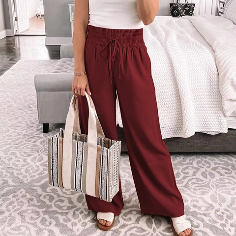 Pantaloni Donna Casual a Vita Alta Gamba Larga Arricciati Coulisse Vestibilità Comoda Tinta Unita Poliestere Dritti