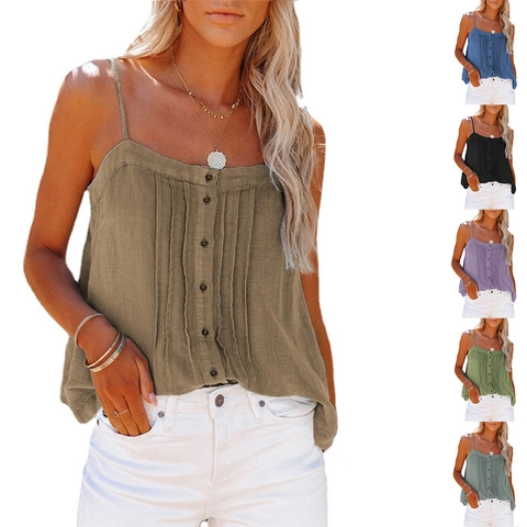 Débardeur Sexy pour Femmes à Fines Bretelles Été Boutonné avec Plis Col Carré Gilet Décontracté sans Manches Top