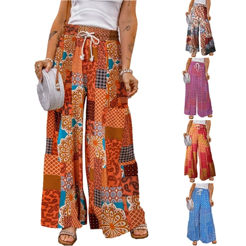 Bohemian Patchwork Floral Wide Leg Pants Women High Waist Elastic Drawstring Casual Loose Summer Beach Ethnic Trousers