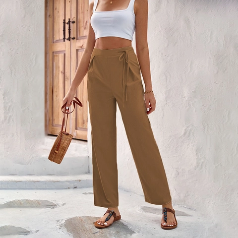 Pantalon Large à Taille Haute pour Femme Décontracté Couleur Unie avec Cordon de Serrage Pantalon Droit Drapé pour Vacances Printemps Été