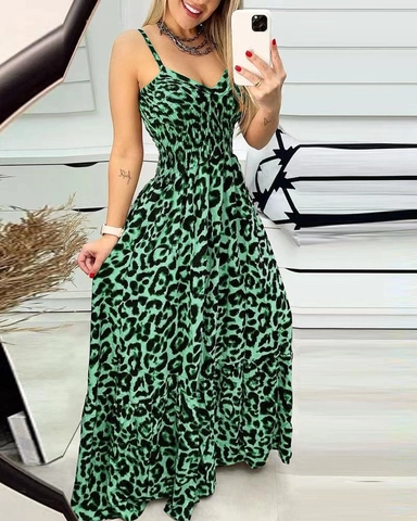 Damen Leopardenmuster Camisole Maxi Kleid V-Ausschnitt Gesmokt Hohe Taille Rückenfrei Sexy Sommer Strand Urlaub Langes Kleid