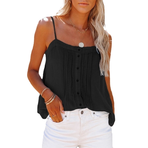 Débardeur Sexy pour Femmes à Fines Bretelles Été Boutonné avec Plis Col Carré Gilet Décontracté sans Manches Top