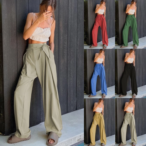 Women High Waist Wide Leg Pants With Tie Waist Casual Loose Straight Trousers Summer Fashion Draped Long Leisure Pants