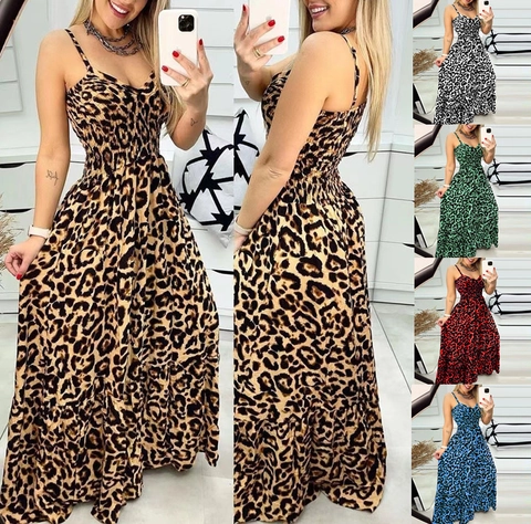 Damen Leopardenmuster Camisole Maxi Kleid V-Ausschnitt Gesmokt Hohe Taille Rückenfrei Sexy Sommer Strand Urlaub Langes Kleid