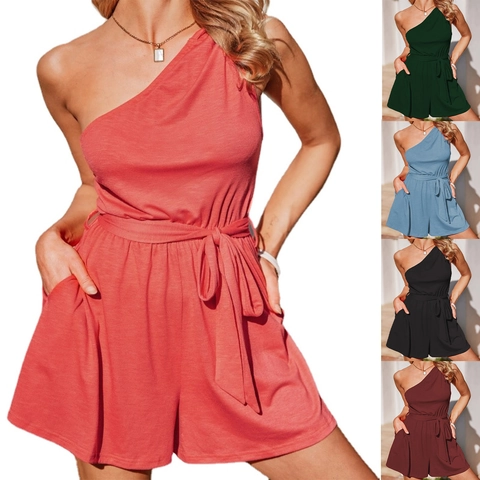 Damen One Shoulder Ärmellos Einteiler Bindegürtel Einfarbig Jumpsuit Mit Taschen Sommer Casual Playsuit Streetwear