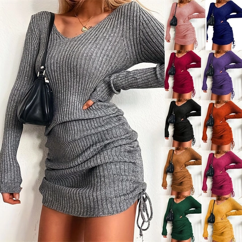 Vestito Midi da Donna Sexy con Scollo a V e Maniche Lunghe in Maglia a Costine Bodycon Aderente con Coulisse Laterale Tinta Unita