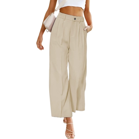 Women High Waist Wide Leg Trousers Casual Straight Work Pants With Pockets Elegant Solid Color Polyester Office Lady Long Pants