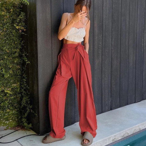 Women High Waist Wide Leg Pants With Tie Waist Casual Loose Straight Trousers Summer Fashion Draped Long Leisure Pants