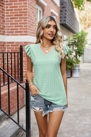 Women Summer V Neck Eyelet Embroidery T-Shirt Ruffle Flutter Sleeve Lace Trim Casual Loose Pullover Solid Color Top