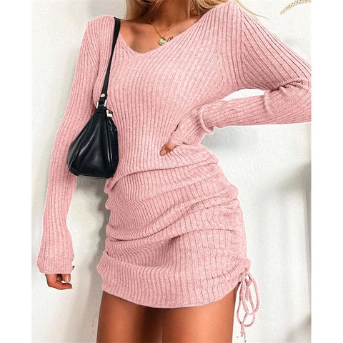 Women Sexy V-Neck Long Sleeve Ribbed Knit Midi Dress Ruched Side Drawstring Bodycon Slim Fit Solid Color Party Pullover Dress