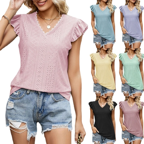 Women Summer V Neck Eyelet Embroidery T-Shirt Ruffle Flutter Sleeve Lace Trim Casual Loose Pullover Solid Color Top