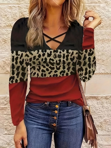 Women Casual Long Sleeve V Neck T-Shirt Leopard Print Color Block American Flag Stars Stripes Crisscross Patchwork Top