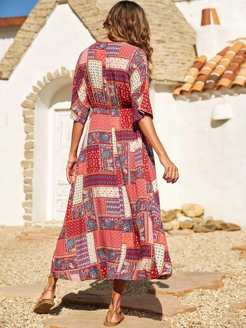 Damen Boho V-Ausschnitt Paisley Geometrischer Druck Patchwork Maxi Kleid Hohe Taille Sommerurlaub Schlitz Langes Kleid