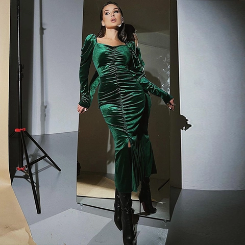 Women Ruched Velvet Long Sleeve Dress Elegant Square Neck Slim Fit Side Split Midi Bodycon Dress For Party Banquet