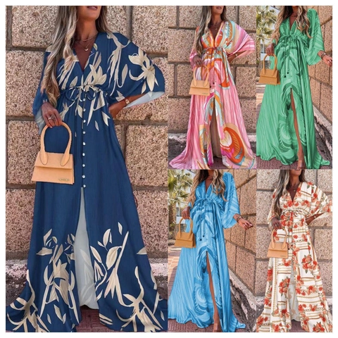 Bohemian Printed Maxi Dress For Women Sexy V-Neck Single-Breasted Lace-Up High Waist Batwing Sleeve Beach Summer Vacation Long Dress