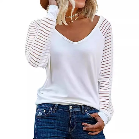 Damen Casual V-Ausschnitt Langarm T-Shirt Gestreifte Mesh Patchwork Locker Sitzende Pullover Bluse Elegantes Tägliches Oberteil