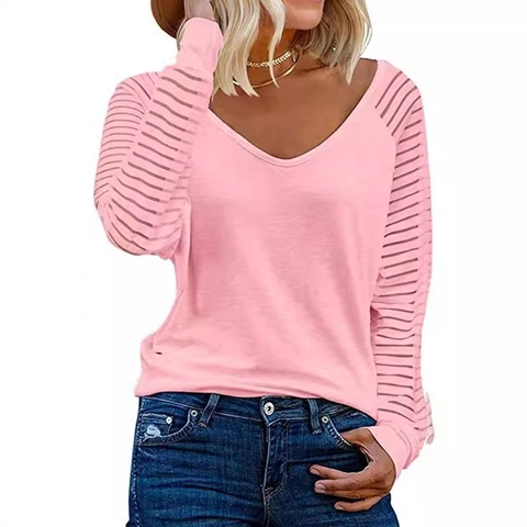 Damen Casual V-Ausschnitt Langarm T-Shirt Gestreifte Mesh Patchwork Locker Sitzende Pullover Bluse Elegantes Tägliches Oberteil