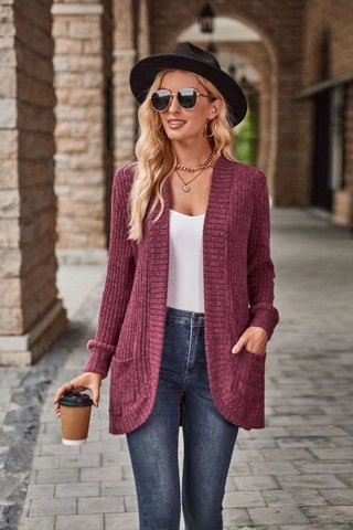 Women Casual Ribbed Knit Cardigan Long Sleeve Open Front Mid Length Sweater Outerwear With Pockets Solid Color Fall Tops