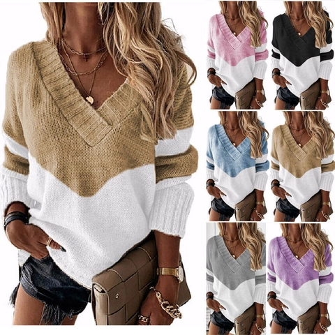 Women V-Neck Long Sleeve Color Block Striped Knit Sweater Casual Loose Patchwork Pullover Elegant Streetwear Autumn Winter Top