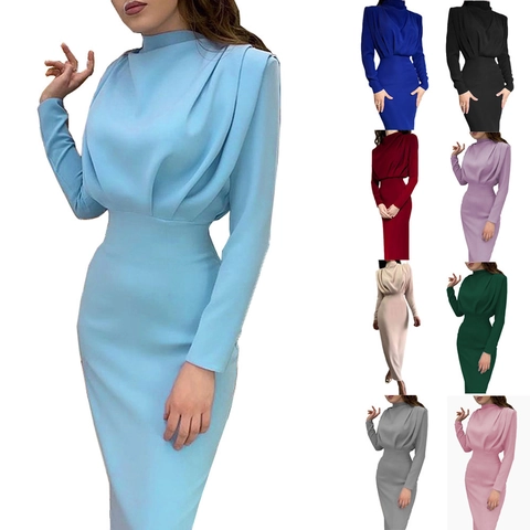 Damen Elegant Stehkragen Langarm Maxikleid Slim Fit Gerüscht Einfarbig Polyester Bodycon Kleid Für Party Abend Date Herbst