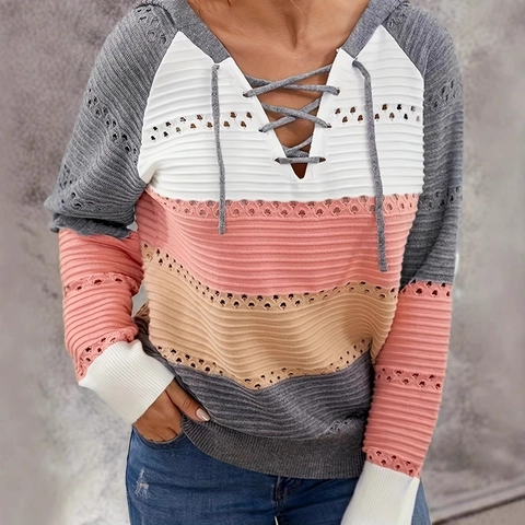 Dames Casual Kleurblok Gestreepte Gebreide Trui met Capuchon V Hals Trekkoord Ajour Lange Mouw Pullover Herfst Top