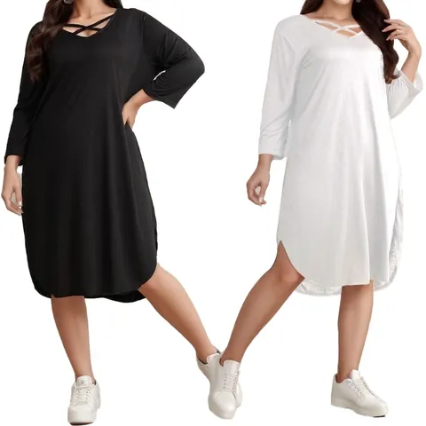 Γυναικείο Φόρεμα Plus Size Casual Μακρυμάνικο Μονόχρωμο Λαιμόκοψη V Χιαστί Στρογγυλεμένο Στριφώματα Φόρεμα Midi